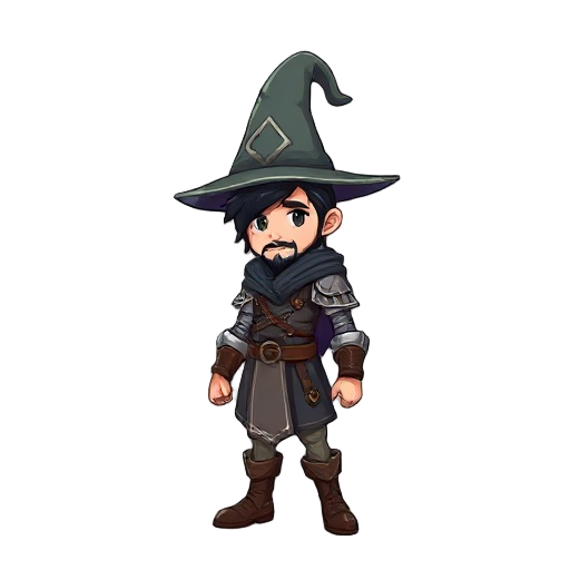 medieval battle mage, male, wizard hat, black hair, leather boots, no facial hair, armored