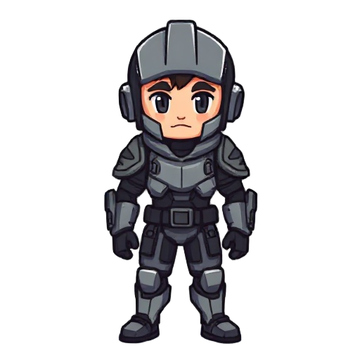 create a pixel art character with a neutral or action-ready pose, wearing futuristic or basic armor with minimal details. the character should have a simple design, with a helmet or exposed head and a