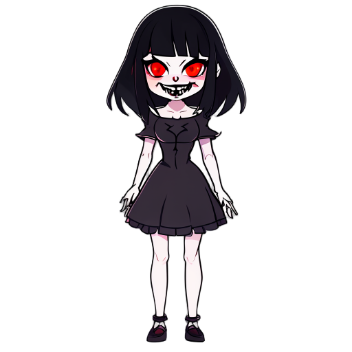 a vampire girl with black hair, red eyes, fair skin, and fangs. she wears a short dress in the style of anime kyoto. to ensure the character is seen full-length, without a background, only the character is shown with nothing in her hands and no shoes.