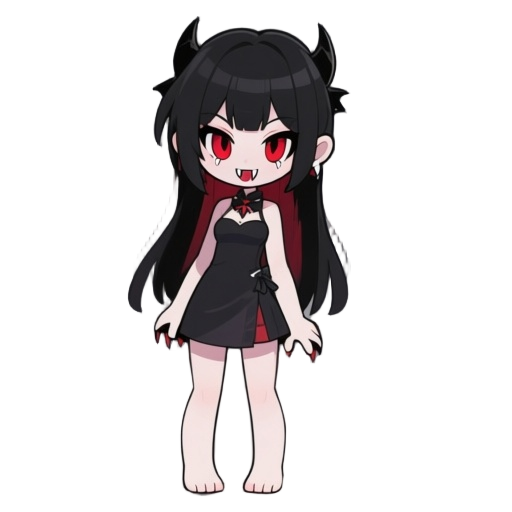 a vampire girl with black hair, red eyes, fair skin, and fangs. she wears a short dress in the style of anime kyoto. to ensure the character is seen full-length, without a background, only the character is shown with nothing in her hands and no shoes.