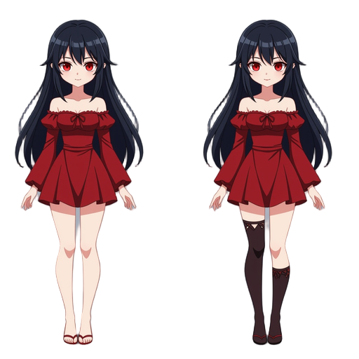 a vampire girl with black hair, red eyes, fair skin, and fangs. she wears a short dress in the style of anime kyoto. to ensure the character is seen full-length, without a background, only the character is shown with nothing in her hands and no shoes.