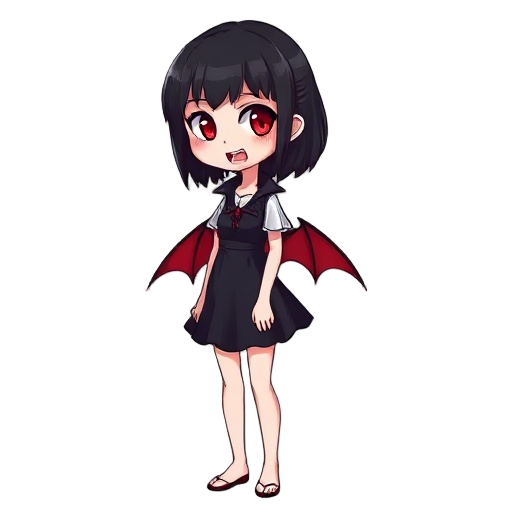 a vampire girl with black hair, red eyes, fair skin, and fangs. she wears a short dress in the style of anime kyoto. to ensure the character is seen full-length, without a background, only the character is shown with nothing in her hands and no shoes.