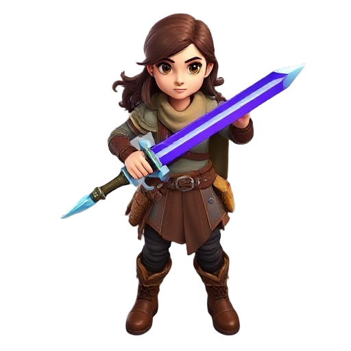voxel-style 3d medieval adventurer, female warrior/archer with light leather armor, dark brown pants, sturdy boots, expressive determined face, loose flowing hair. she wields a glowing enchanted sword with blue-purple shine. backpack (40cm) detailed with 