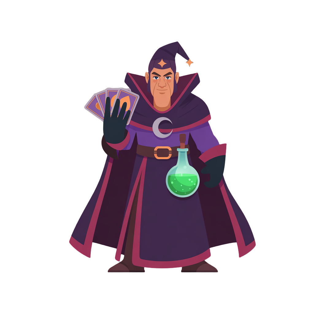 gostaria de um personagem estilo mago, com as cores roxa, vermelho, e preto, a arma será um baralho de taro, e ele terá uma poção verde no no sinto e o símbolo da lua no peito