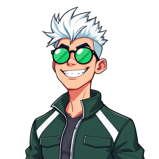 tall, slim young man with spiky white hair tinted blue, wearing reflective green round sunglasses. he grins widely, showing sharp teeth. dressed in a dark green high-collar sports jacket with white details, his confident, relaxed posture radiates rebellio