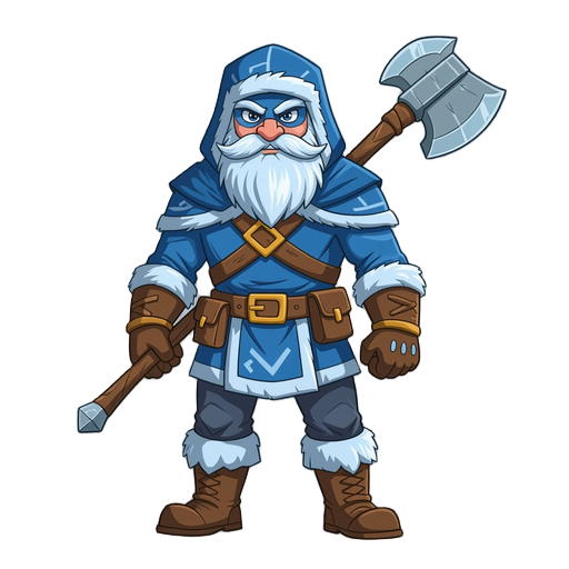 um guerreiro de uma area gelida que usa um bastao como arma roupa tematica e cor azul com um gorro que tampa a visao de seu rosto