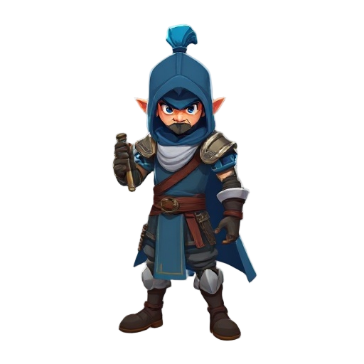 um guerreiro de uma area gelida que usa um bastao como arma roupa tematica e cor azul com um gorro que tampa a visao de seu rosto