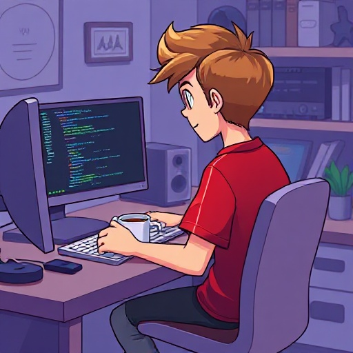 a programmer in his room, he has a little blond brown hair with a soccer team shirt, with his back sitting on his desk coding on his notebook and his monitor with a hot coffee cup