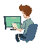 a slightly blond brown hair programmer with soccer team shirt, back sitting on your desk coding on your notebook and your monitor with a hot coffee cup on the left side a window on the right side and 