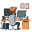 a programmer in his room, he has a little blond brown hair with a soccer team shirt, with his back sitting on his desk coding on his notebook and his monitor with a hot coffee cup