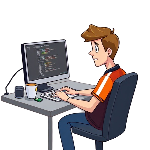 a slightly blond brown hair programmer with a soccer team shirt, sitting on your desk coding on your notebook and your monitor with a hot coffee cup on the left side a window on the right side and som
