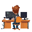 a programmer in his room, he has a little blond brown hair with a soccer team shirt, with his back sitting on his desk coding on his notebook and his monitor with a hot coffee cup
