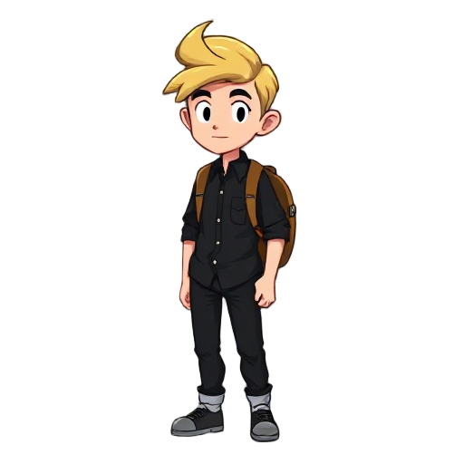 blond guy with hair swoop to the right. wears a black buttoned shirt with black pants. has a backpack on his back. 32-bit style