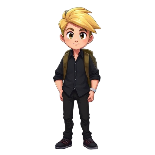 blond guy with hair swoop to the right. wears a black buttoned shirt with black pants. has a backpack on his back.