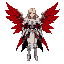 create an image of a blonde female paladin with white and black heavy armour and 4 big red wings in her back