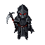 knight in black armor with red highlights, holding a scythe.
