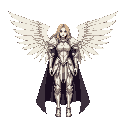 create an image of a blonde female paladin with white and dark heavy armour and 4 big white wings in her back