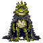 angry humanoid frog, covered in mud, with a tattered royal cape and worn-out crown.
