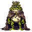 angry humanoid frog, covered in mud, with a tattered royal cape and worn-out crown.