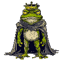 angry humanoid frog, covered in mud, with a tattered royal cape and worn-out crown.