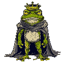 angry humanoid frog, covered in mud, with a tattered royal cape and worn-out crown.