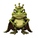 angry humanoid frog, covered in mud, with a tattered royal cape and worn-out crown.