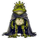 angry humanoid frog, covered in mud, with a tattered royal cape and worn-out crown.