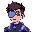 a brave-looking teenage boy or girl wearing a highly advanced exoskeleton suit with glowing neon blue and purple lights, sleek articulated metal parts, and a futuristic visor covering one eye. the exo