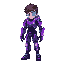 a brave-looking teenage boy or girl wearing a highly advanced exoskeleton suit with glowing neon blue and purple lights, sleek articulated metal parts, and a futuristic visor covering one eye. the exo
