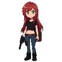 red-haired girl with long, loose hair, light green eyes, wearing a black crop top and jeans, holding a gun in her hand and a bag on her back