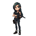 garota ruiva de cabelos longos e solto, de olhos verdes claros, com cropped preto e calça jeans, segurando uma arma na mao e bolsa nas costas