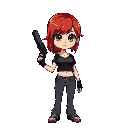 red-haired girl, with green eyes and loose hair, wearing a black crop top and jeans, holding a gun in her hand