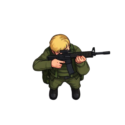 a soldier with a rifle in his hands aiming to north. he's wearing military cothes, he's blonde.
