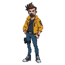a man with stylish hair and yellow radioactive jacket teared at shoulder and blue pant, a gas mask at hip