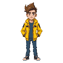 a man with stylish hair and yellow radioactive jacket teared at shoulder and blue pant