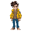 a man with stylish hair and yellow radioactive jacket teared at shoulder and blue pant
