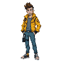 a man with stylish hair and yellow radioactive jacket teared at shoulder and blue pant, a gas mask at hip