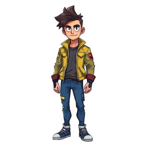 a man with stylish hair and torn radioactive jacket and blue pant