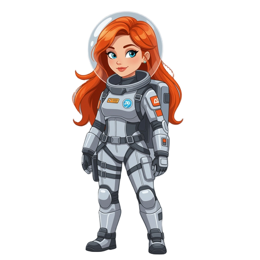 young red hair woman, space suit, attractive, backpack