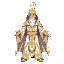 a powerful elemental mage wearing elegant white robes adorned with intricate golden details along the seams and patterns. the mage wears a classic tall pointed wizard hat, also white with golden embroidery and symbols. the robes are flowing and slightly g