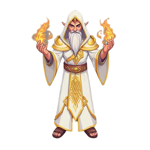 a powerful elemental mage wearing elegant white robes adorned with intricate golden details along the seams and patterns.