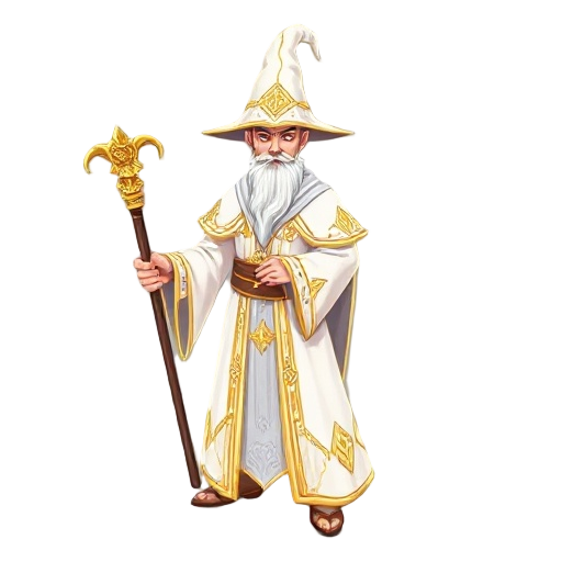 a powerful elemental mage wearing elegant white robes adorned with intricate golden details along the seams and patterns. the mage wears a classic tall pointed wizard hat, also white with golden embroidery and symbols. the robes are flowing and slightly g