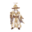 a powerful elemental mage wearing elegant white robes adorned with intricate golden details along the seams and patterns. the mage wears a classic tall pointed wizard hat, also white with golden embroidery and symbols. the robes are flowing and slightly g