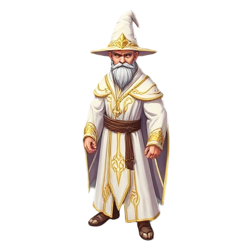 a powerful elemental mage wearing elegant white robes adorned with intricate golden details along the seams and patterns. the mage wears a classic tall pointed wizard hat, also white with golden embroidery and symbols. the robes are flowing and slightly g