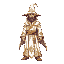 a powerful elemental mage wearing elegant white robes adorned with intricate golden details along the seams and patterns. the mage wears a classic tall pointed wizard hat, also white with golden embroidery and symbols. the robes are flowing and slightly g