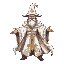 a powerful elemental mage wearing elegant white robes adorned with intricate golden details along the seams and patterns. the mage wears a classic tall pointed wizard hat, also white with golden embroidery and symbols. the robes are flowing and slightly g