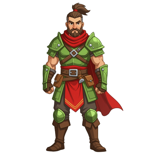 warrior with green and brown medium armor and red scarf