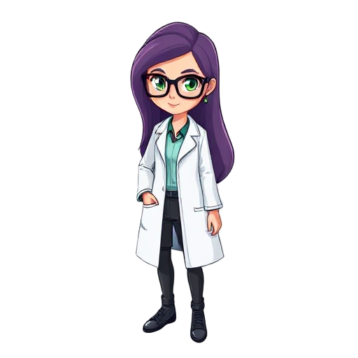 female scientist, naomi block, wearing glasses, long purple hair, green eyes, lab coat over stylish clothes, 8 bit sprite style