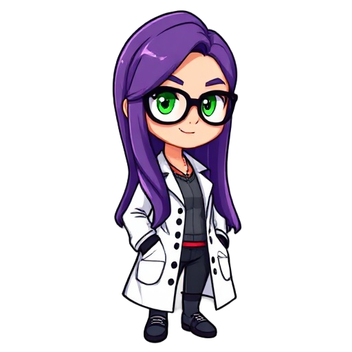 female scientist, naomi block, wearing glasses, long purple hair, green eyes, lab coat over stylish clothes, 8 bit sprite style