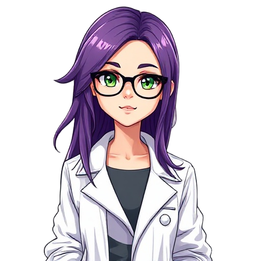 a beautiful anime-style female scientist, naomi block, 25 years old scientist, wearing glasses, long purple hair, green eyes, lab coat over stylish clothes, intelligent and confident expression, futur